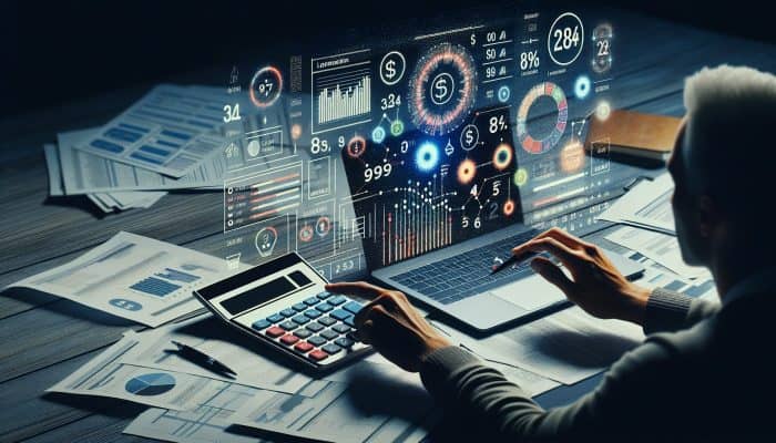 Person using calculator on desk with financial papers, graphs, and laptop showing loan comparison.