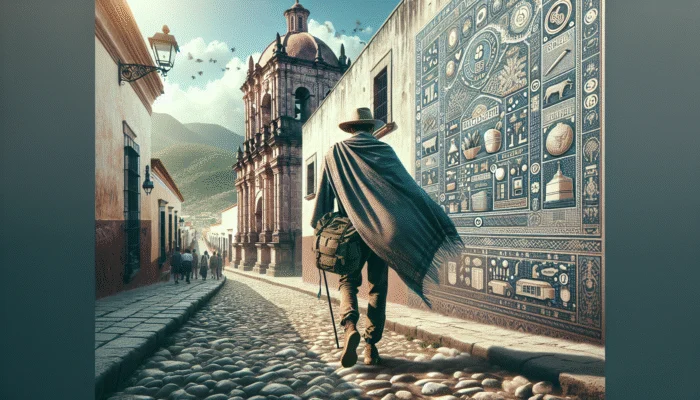 Traveler in San Miguel de Allende with versatile clothing, using sarong as shawl on cobblestone streets.