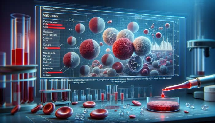 Mineral Blood Test in Yate: Detailed illustration of blood sample analysis for calcium, magnesium, potassium levels with charts and health insights.