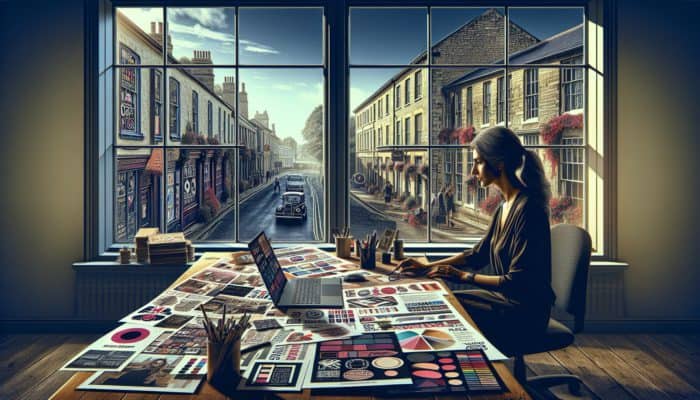 A small business owner in Calne working at a desk with marketing materials and a laptop, overlooking historic architecture.