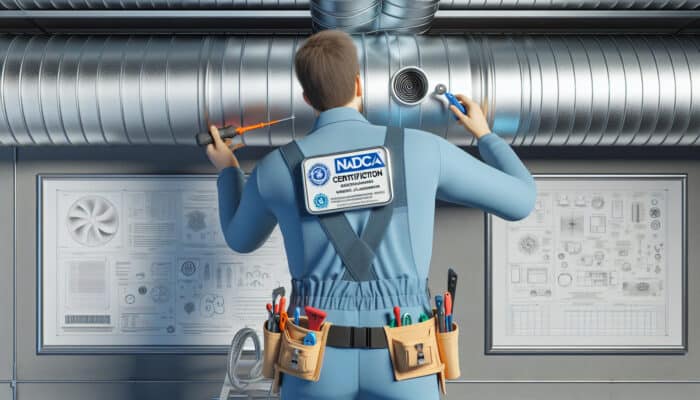 Certified duct cleaning technician in uniform utilizing specialized tools, proudly displaying NADCA certification badge.