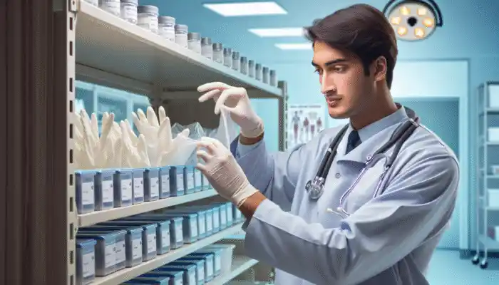 A healthcare professional in Bedford inspecting sterile glove boxes on a hospital shelf.