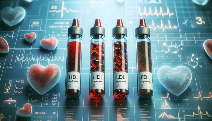 Illustration of cholesterol test vials labeled HDL, LDL, triglycerides, with a heart symbolizing heart health.