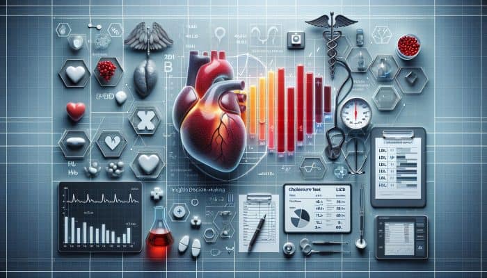A cholesterol test report displaying LDL, HDL, triglyceride graphs, heart, and medical symbols highlighting health insights.