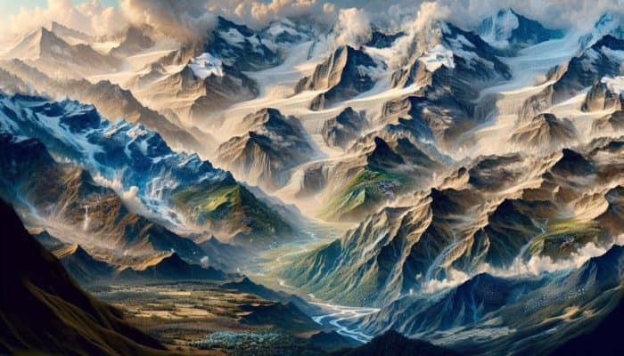 A mountainous landscape showing the Andes and Himalayas with rapid weather changes and diverse microclimates.