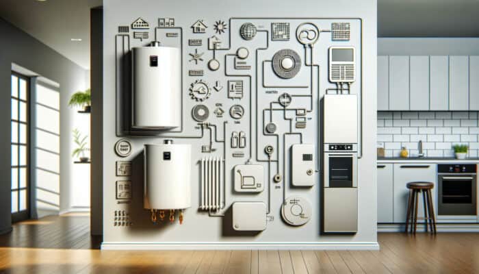 Water Heater Services in Port Coquitlam: A modern kitchen showcasing three labeled types of water heaters: tankless, traditional tank, and eco-friendly heat pump.