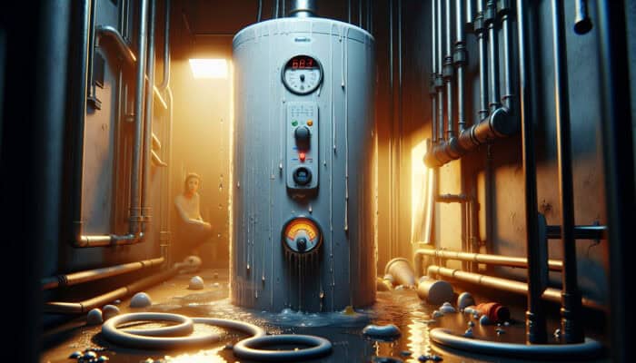 A malfunctioning water heater showing leaks, sediment buildup, and fluctuating gauges in a dimly lit utility room; a worried homeowner is nearby.