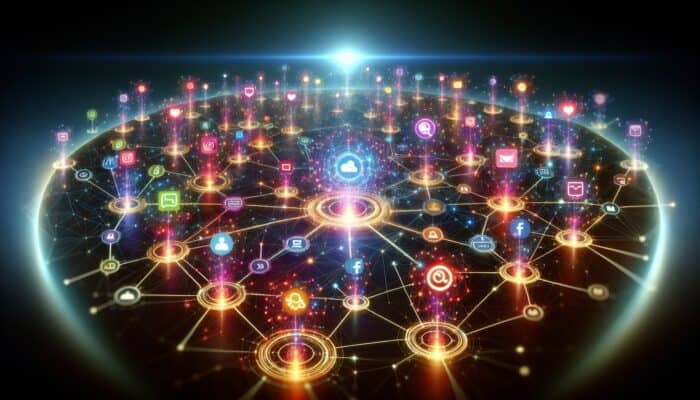 Measuring Supplement Social Media Success: A vibrant digital landscape with interconnected nodes symbolizing social media platforms and a central brand logo.