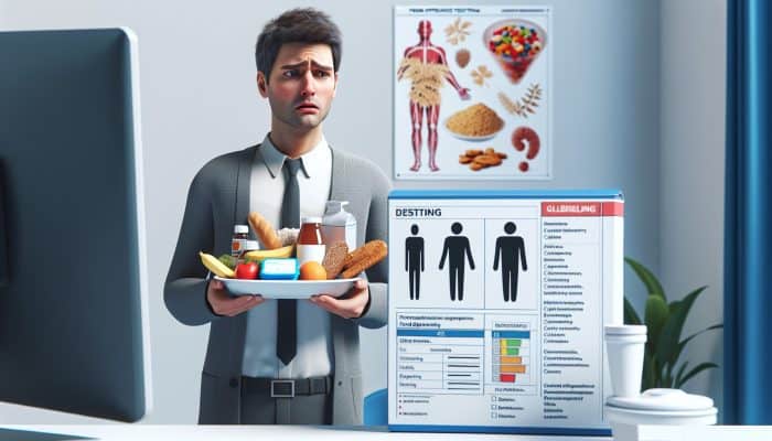 An individual experiencing digestive issues and fatigue, looking perplexed while holding gluten and dairy products near a food intolerance test kit in a medical facility.