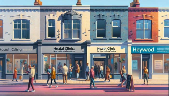 A bustling street in Heywood showcasing clinics that provide food intolerance testing, with people coming and going.