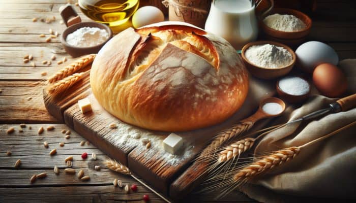 Freshly baked soft bread with golden crust and fluffy interior, surrounded by flour, water, yeast, and salt on a rustic table.