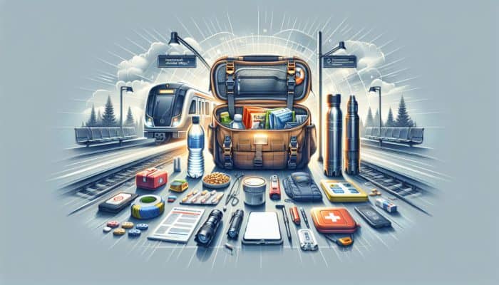 Surviving Public Transit Failure: Emergency kit on transit platform with water, snacks, flashlight, first aid, charger, smartphone, blanket, jacket.