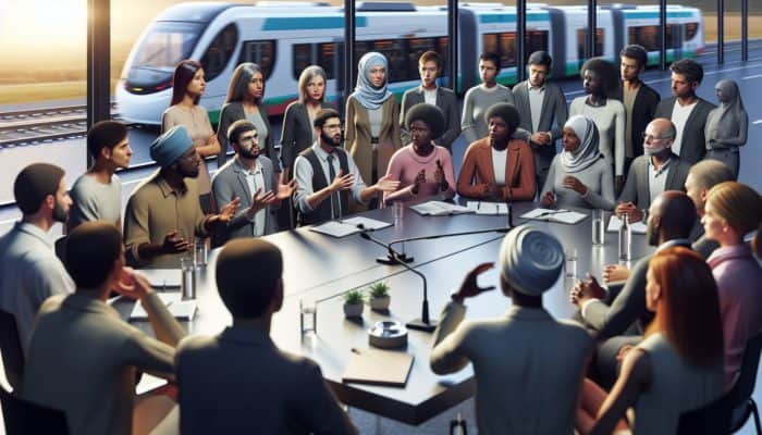 A diverse group advocating for better public transit at a community forum, with modern buses and trains visible.