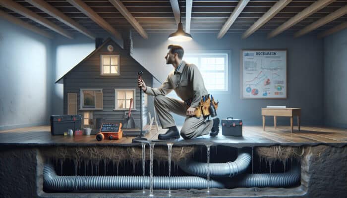 A professional inspecting a damp crawl space using modern drainage equipment, ensuring quality and compliance with building codes.