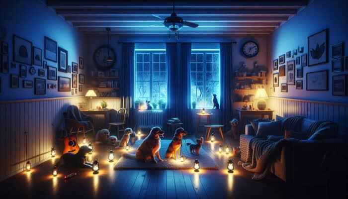 Pets safely navigating a dark room with glow-in-the-dark products and flashlights, leashed near closed windows and doors.