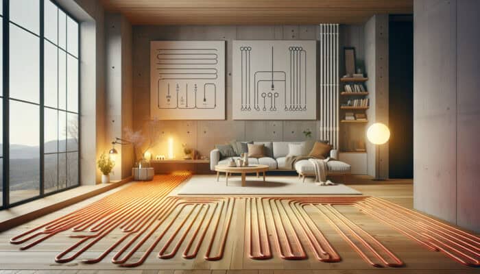Hydronic Radiant Floor Heating Services in North Vancouver: A modern living room showcasing hydronic radiant floor heating with warm water pipes beneath wooden floors, ensuring a cozy and draft-free environment.