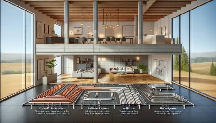 Four types of hydronic radiant floor heating systems displayed in a contemporary room setting.