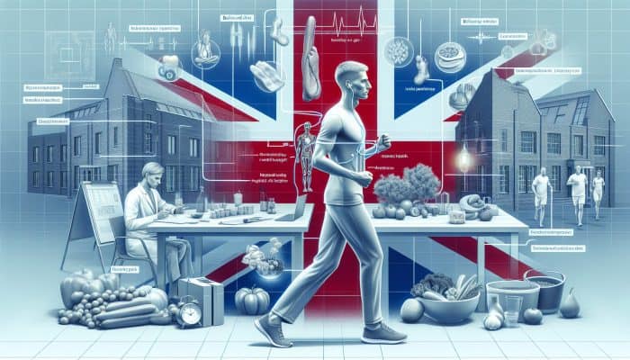 Illustration of a UK man's health routine highlighting gym, diet, mental health, and check-ups in a modern urban setting.