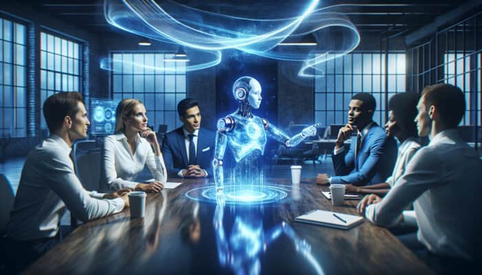 Startup founders gaining insights from futuristic human vascular applications in a vibrant workspace with growth charts.