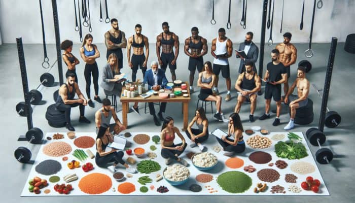 Vegetarian weightlifters engaging in discussions with nutrition experts, surrounded by plant-based foods and informational charts in a gym setting.
