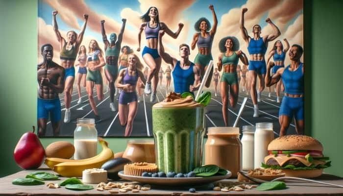 A colorful breakfast scene featuring a smoothie and vegetarian athletes showcasing their high-protein meal plans.