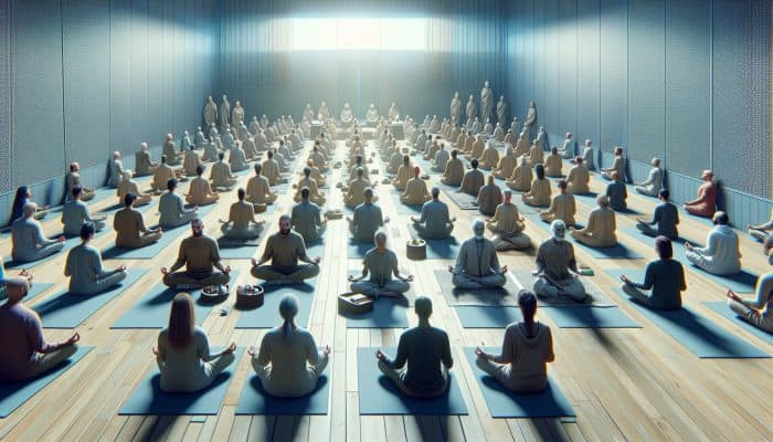 A peaceful UK meditation room with practitioners engaged in body scans and mindful breathing, surrounded by soft lighting and calming colors.