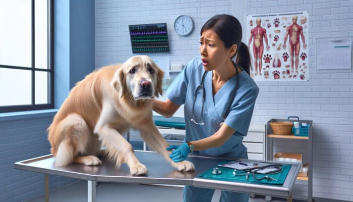 A distressed dog whining and trying to escape during anal gland expression in a vet's office.