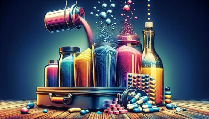 Nitric oxide supplements in powders, pills, and liquids, each with unique absorption rates and benefits.