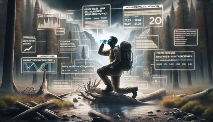 Survival Myths Debunked: A person in a wilderness, drinking unpurified water due to misinformation, surrounded by danger.