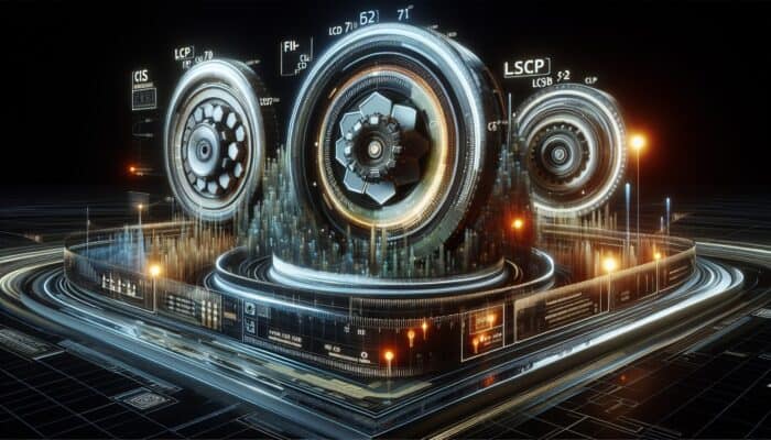 Optimizing Core Web Vitals for SEO: A futuristic interface with gauges for LCP, FID, CLS, showing website performance in a neon-lit tech setting.