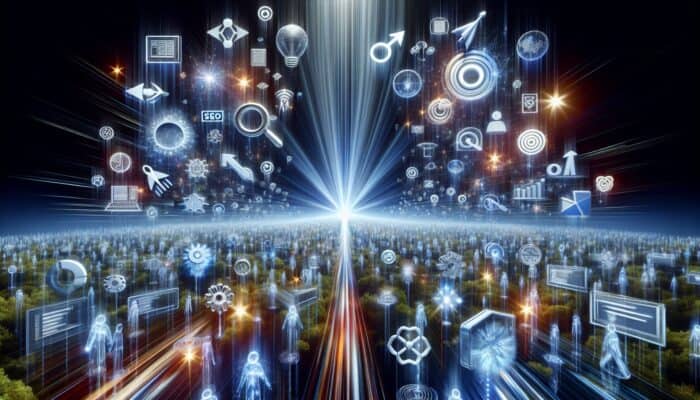 A digital landscape with SEO metrics and glowing icons of speed, mobile optimization, and user experience converging on a central core web vitals symbol.