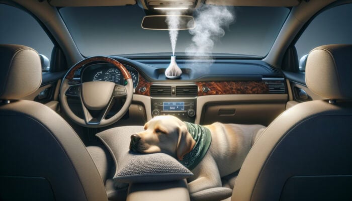 Dog in car wearing bandana with diluted peppermint oil, calm with diffuser mist.