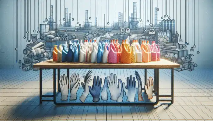 A variety of polythene gloves displayed in a Swanscombe store, with an industrial town background.