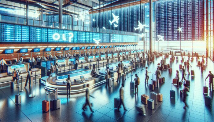 A busy airport showcasing various check-in options and efficient baggage handling services.