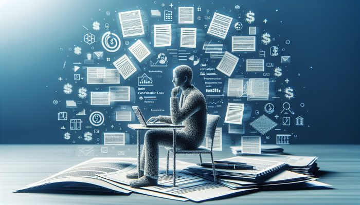 Person at desk with financial documents and laptop, applying for debt consolidation loan.