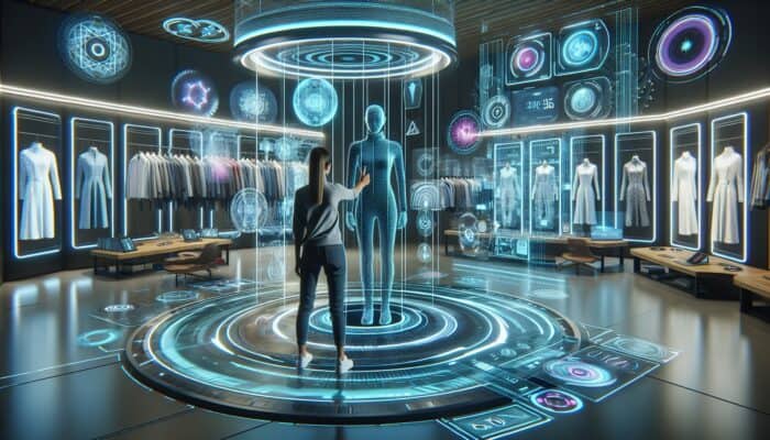 A futuristic AR room with holographic screens and clothing items for virtual try-ons.