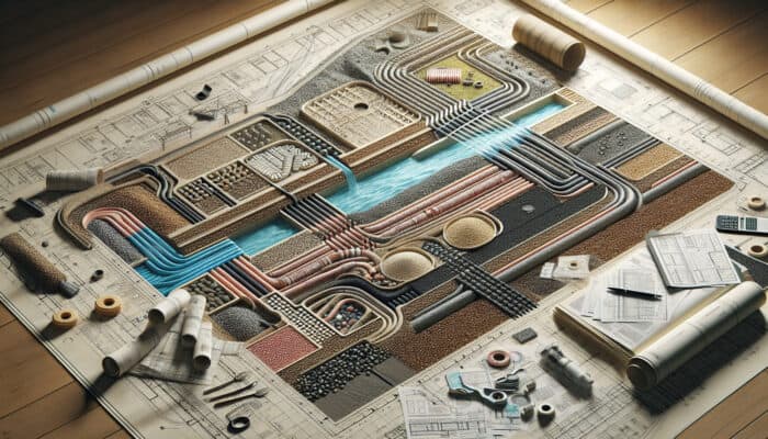 Blueprint of a perimeter drainage system with labeled components like pipes, gravel, and fabric layers.