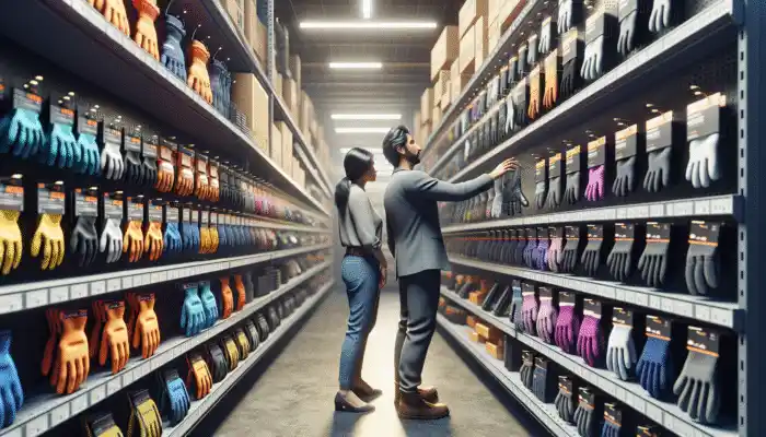 Safety Gloves In Ilkeston: A person examining safety gloves in a hardware store aisle, assisted by an employee.