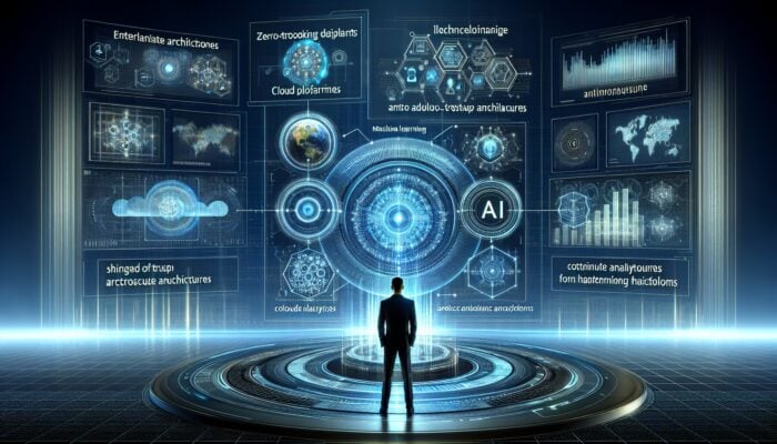 Futuristic Marketing Workspace with AI and Enhanced Cloud Security