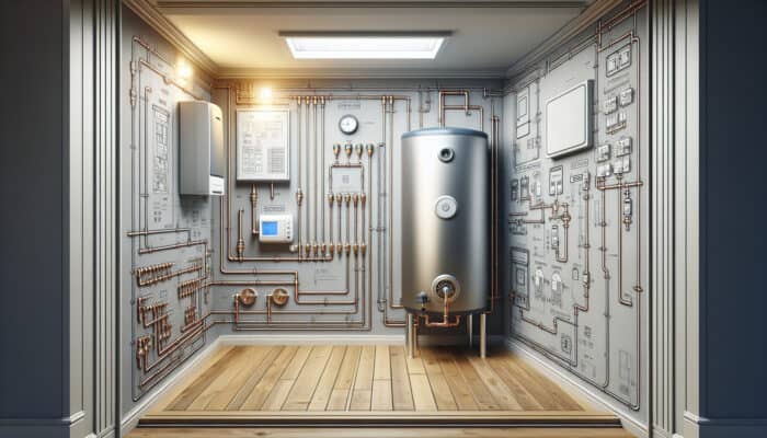 A modern utility room with a new hot water tank, space for maintenance, and labeled connections for natural gas, electricity, and propane, following Vancouver's building codes.