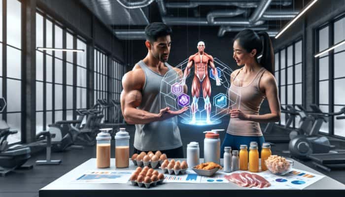 A muscular athlete in a gym with a nutritionist, surrounded by protein-rich foods and muscle growth charts.