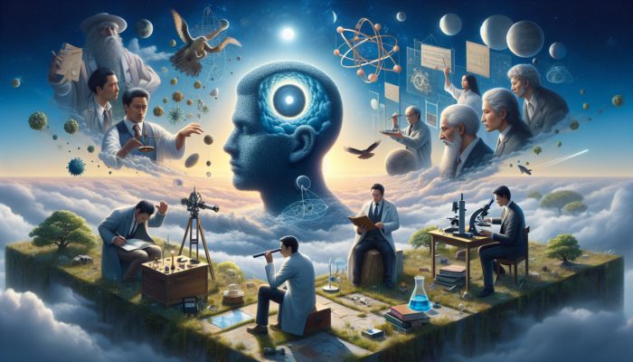 A serene equinox landscape with a floating, symmetrical haircut and a circle of contemplative experts.