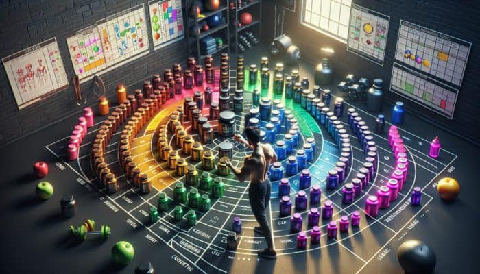 Person arranging colorful supplement bottles on a schedule chart in a home gym, showing cycles for muscle gain, weight loss, and cognitive enhancement.