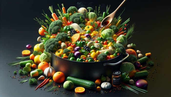 Vegetables steaming with herbs, citrus peels, spices, soy sauce, and wine for enhanced flavor.