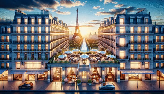 A luxury hotel offering panoramic Eiffel Tower views at dusk, surrounded by gourmet dining and high-end boutiques in a prestigious Parisian neighborhood.