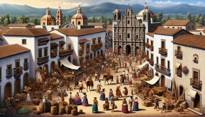 16th-century Mexican colonial town with Spanish explorers, missionaries, trade, agriculture, and blended indigenous-Spanish architecture.