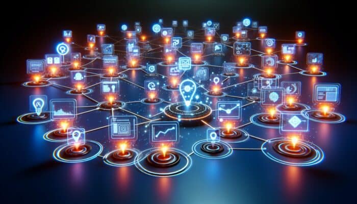 A digital landscape showing interconnected nodes and a path to a central conversion point, illustrating attribution models.