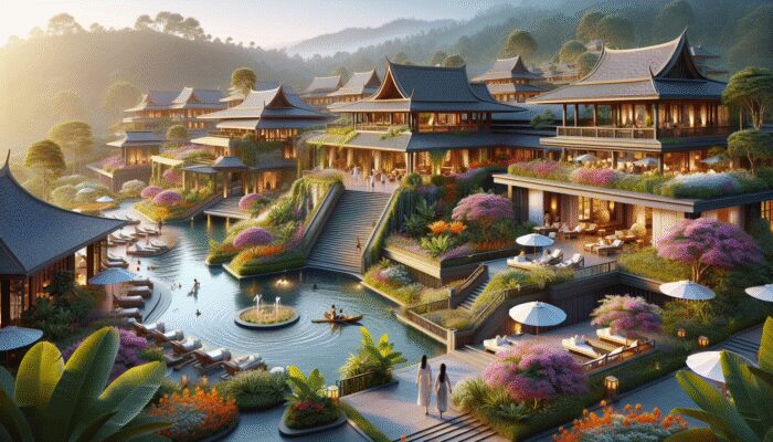 A serene luxury resort with elegant architecture, lush gardens, and a tranquil pool area, offering impeccable service and exquisite amenities.