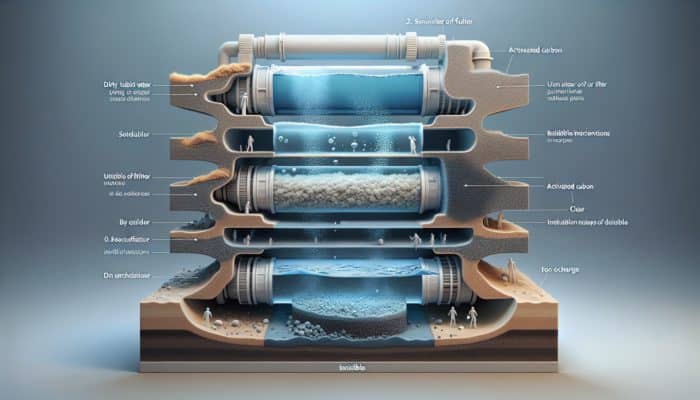 Cross-section of a water filter showing activated carbon, sediment, and ion exchange layers purifying water.