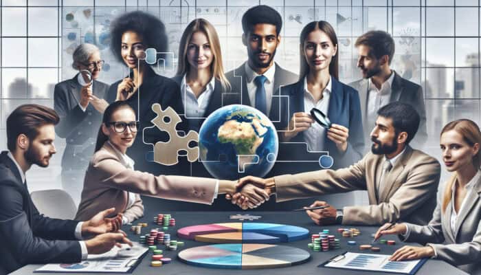 A diverse group of experts in a meeting room, addressing partnership challenges with symbols of trust and communication.
